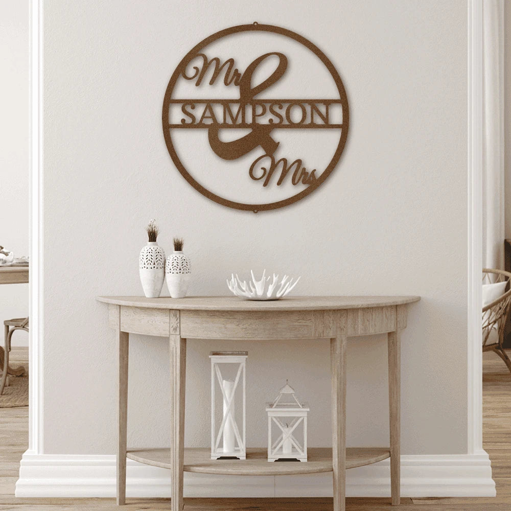 Personalized Mr and Mrs Circle Monogram Steel Art Wall Decor Metal Name Sign Laser Cut Metal Signs Custom Gift Ideas