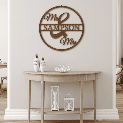 Personalized Mr and Mrs Circle Monogram Steel Art Wall Decor Metal Name Sign Laser Cut Metal Signs Custom Gift Ideas