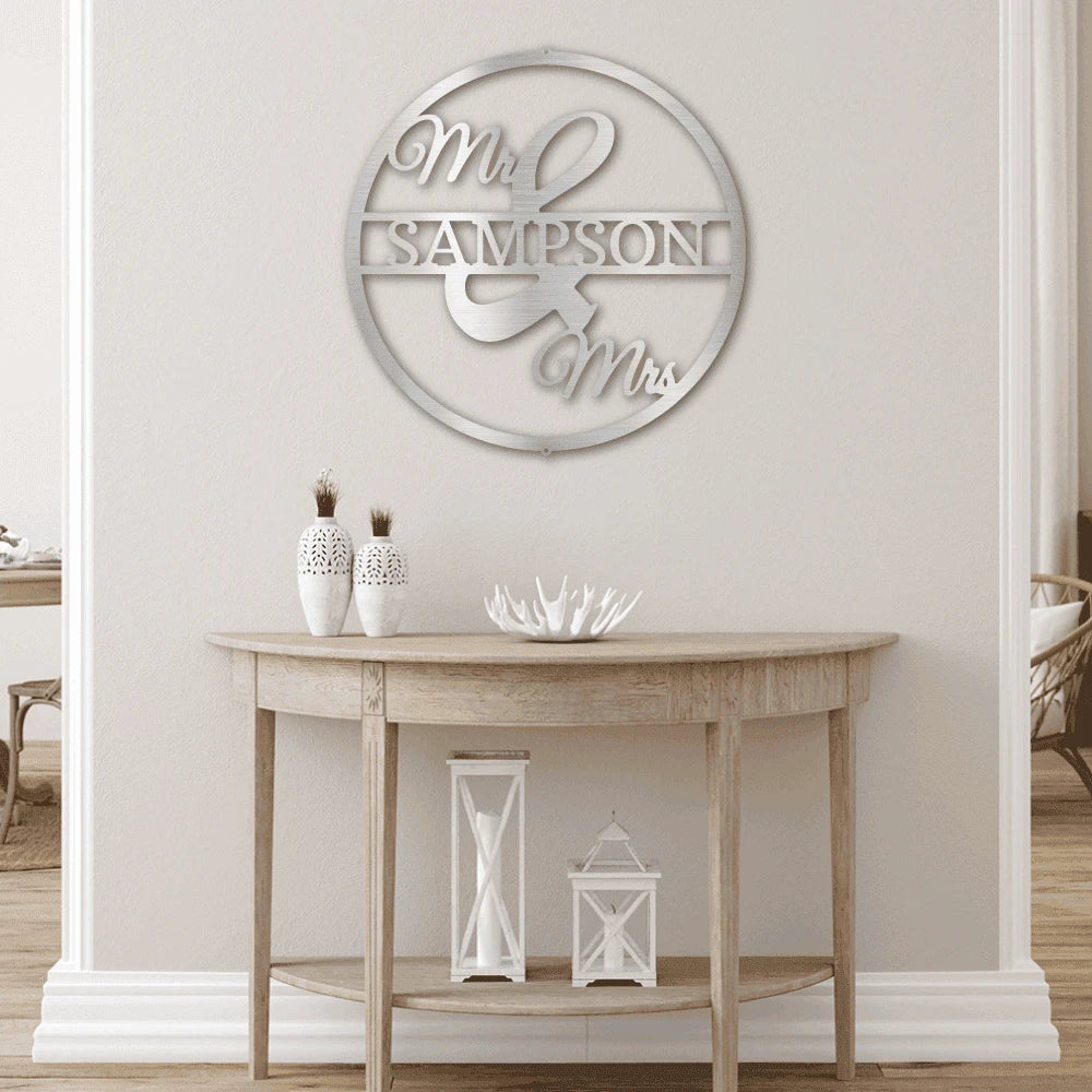 Personalized Mr and Mrs Circle Monogram Steel Art Wall Decor Metal Name Sign Laser Cut Metal Signs Custom Gift Ideas