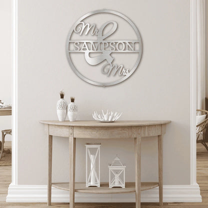 Personalized Mr and Mrs Circle Monogram Steel Art Wall Decor Metal Name Sign Laser Cut Metal Signs Custom Gift Ideas
