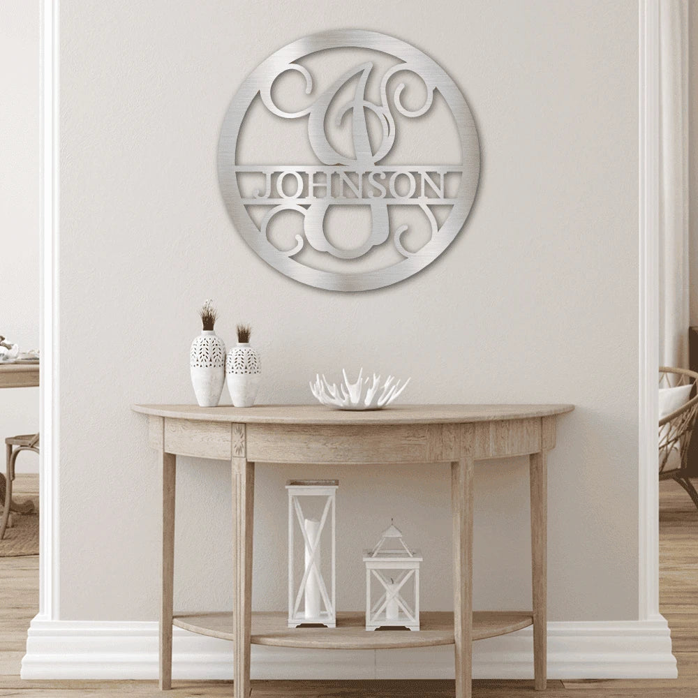 Personalized Circle Vine Monogram Steel Art Wall Decor Metal Name Sign Laser Cut Metal Signs Custom Gift Ideas