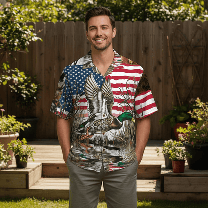 America Mallard Duck Hunting Camo Hawaiian Shirt