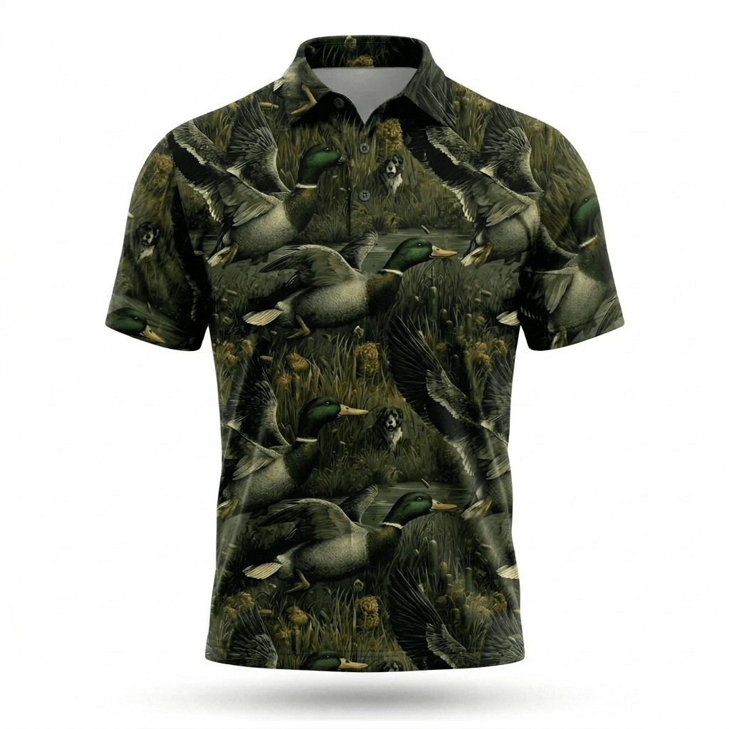 Mallard Duck Hunting Moss Green Vintage Men Polo Shirt