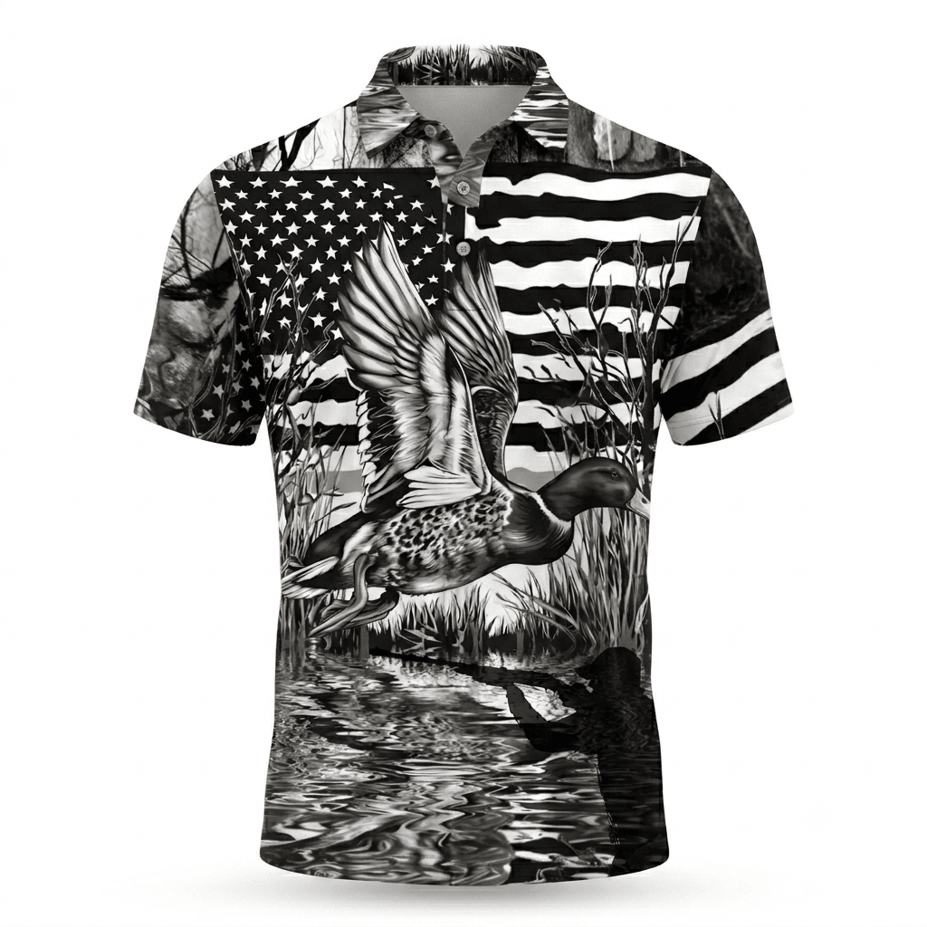America Mallard Duck Hunting Black And White Men Polo Shirt