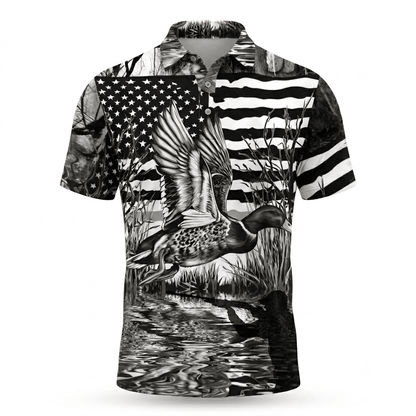 America Mallard Duck Hunting Black And White Men Polo Shirt