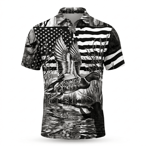 America Mallard Duck Hunting Black And White Men Polo Shirt