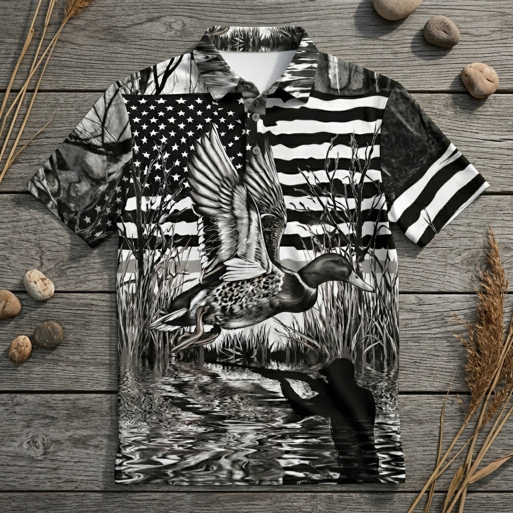 America Mallard Duck Hunting Black And White Men Polo Shirt
