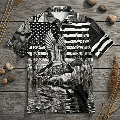 America Mallard Duck Hunting Black And White Men Polo Shirt