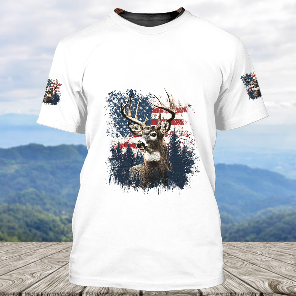 Vintage Patriotic Deer American Flag All Over Print Shirt