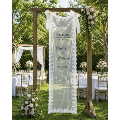 Elegant Personalized Wedding Welcome Banner with Lace Edging - None, 10"x 30" - lace welcome banner