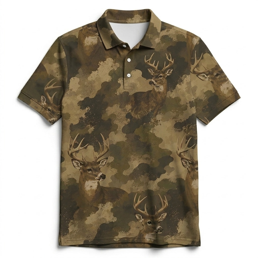 Deer Camouflage Graphic Pattern Men Polo Shirt