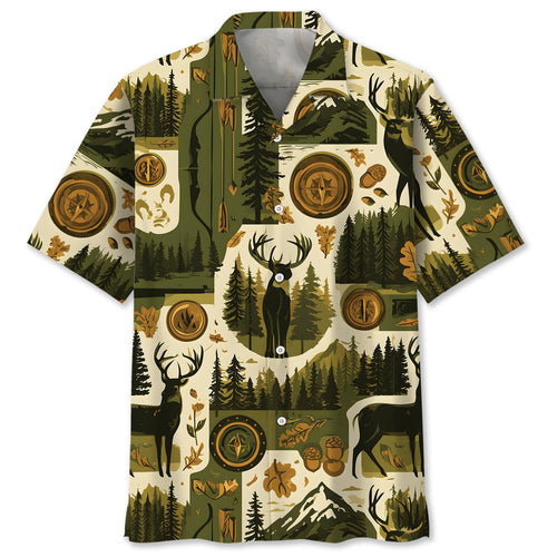 Retro Deer Hunting Badge Pattern Hawaiian Shirt