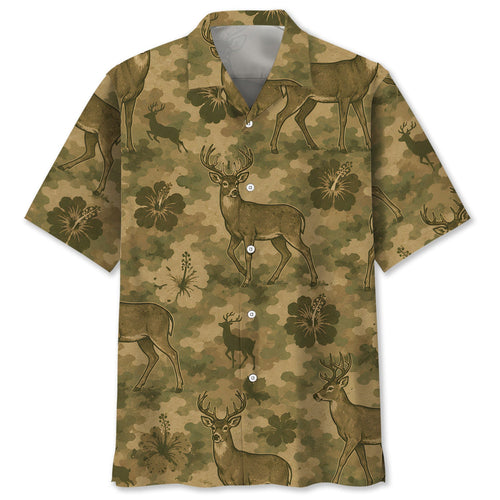 Deer Hibiscus Camouflage Hawaiian Shirt