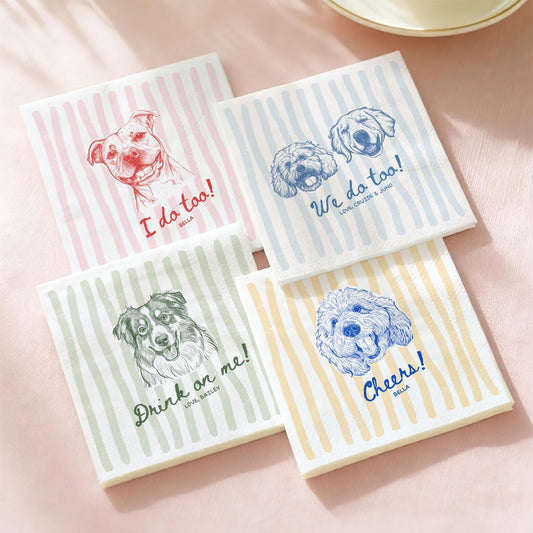 Custom Pet Napkins for Wedding, Personalized Dog and Cat Portrait from Photo, Dog Cocktail Engagement Serviettes, Pet Cocktail Napkins