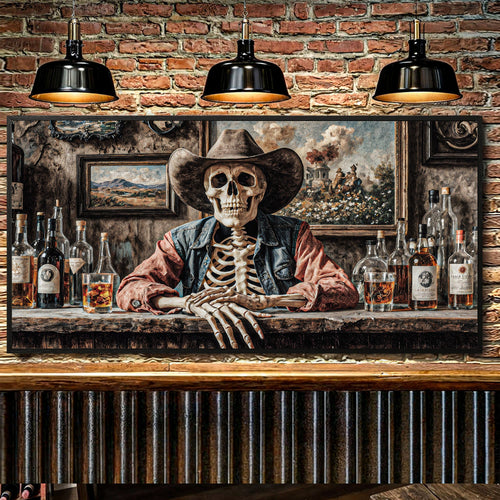 Skeleton Cowboy Barman At Western Saloon Wall Art