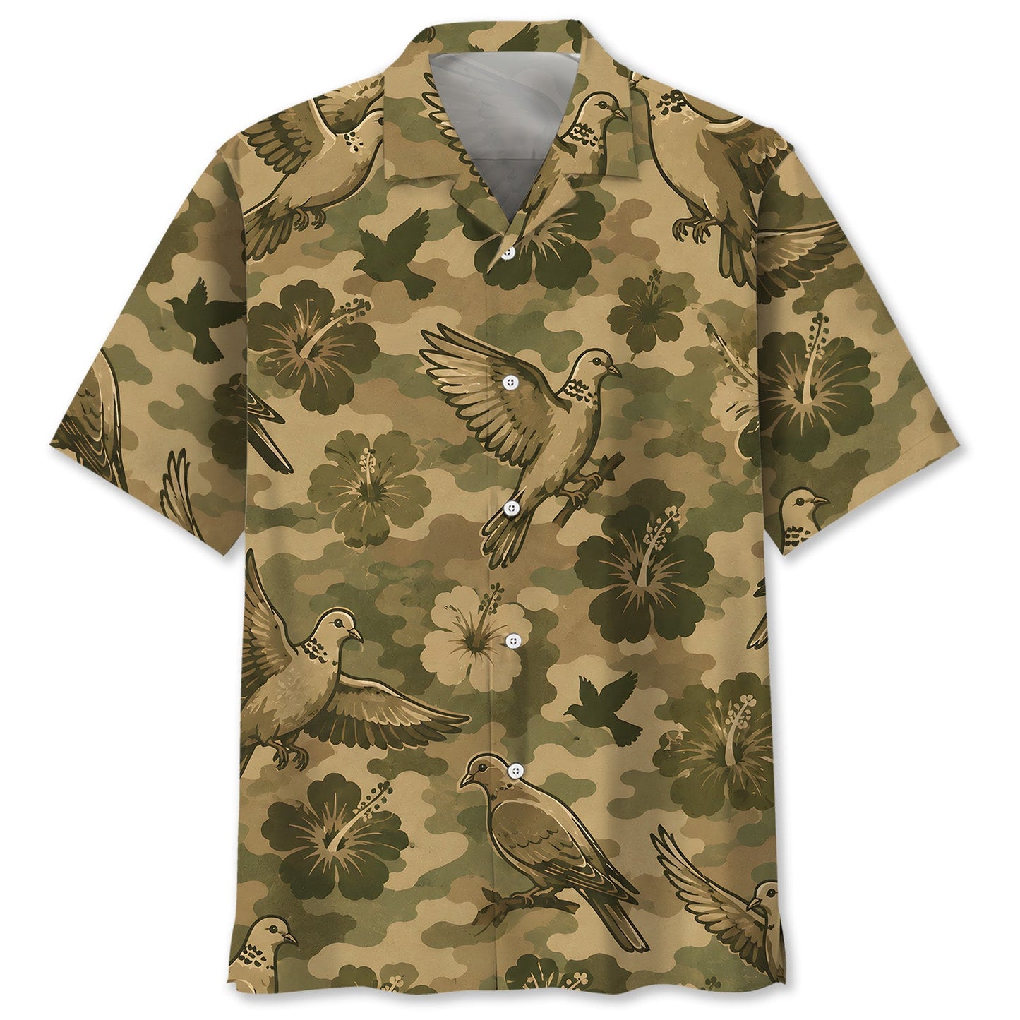 Camouflage Hibiscus Dove Bird Hawaiian Shirt