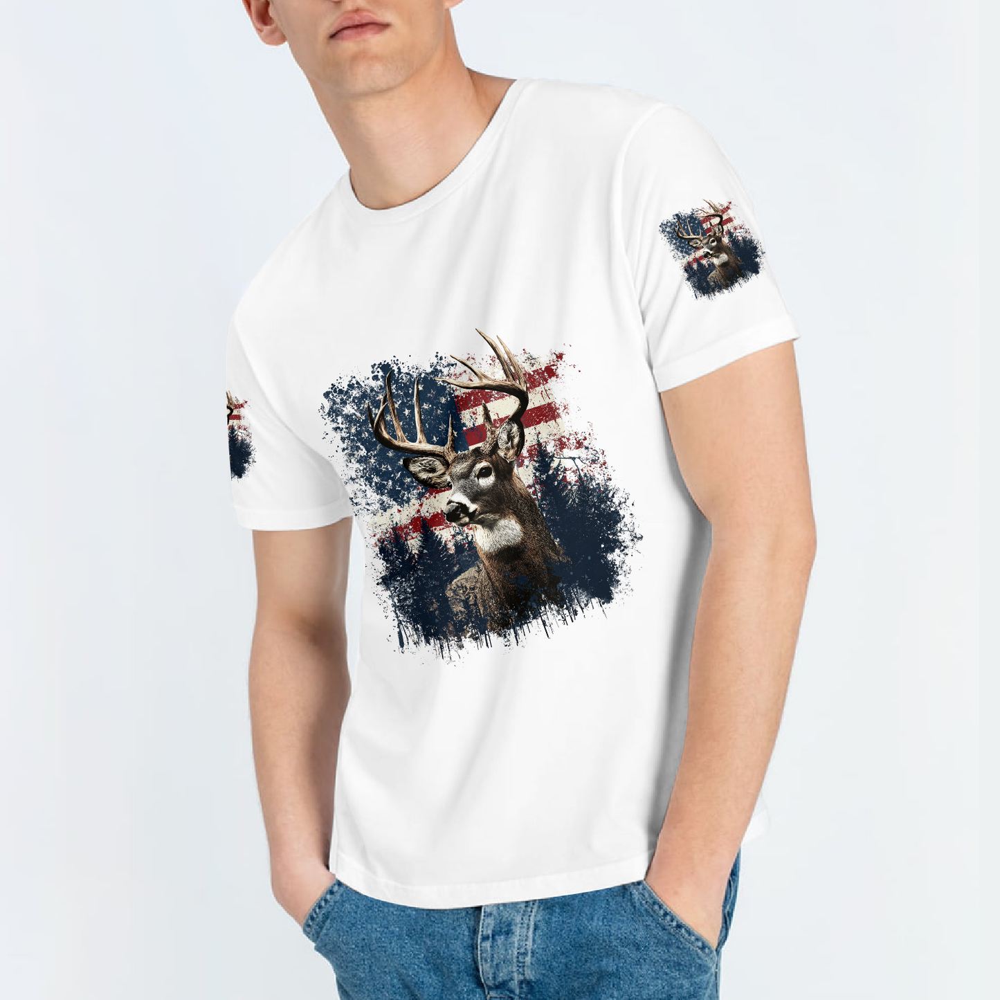 Vintage Patriotic Deer American Flag All Over Print Shirt
