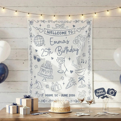 25th Birthday Banner Personalized Birthday Party Backdrop Custom Name Birthday Celebration Banner, personalized birthday b...