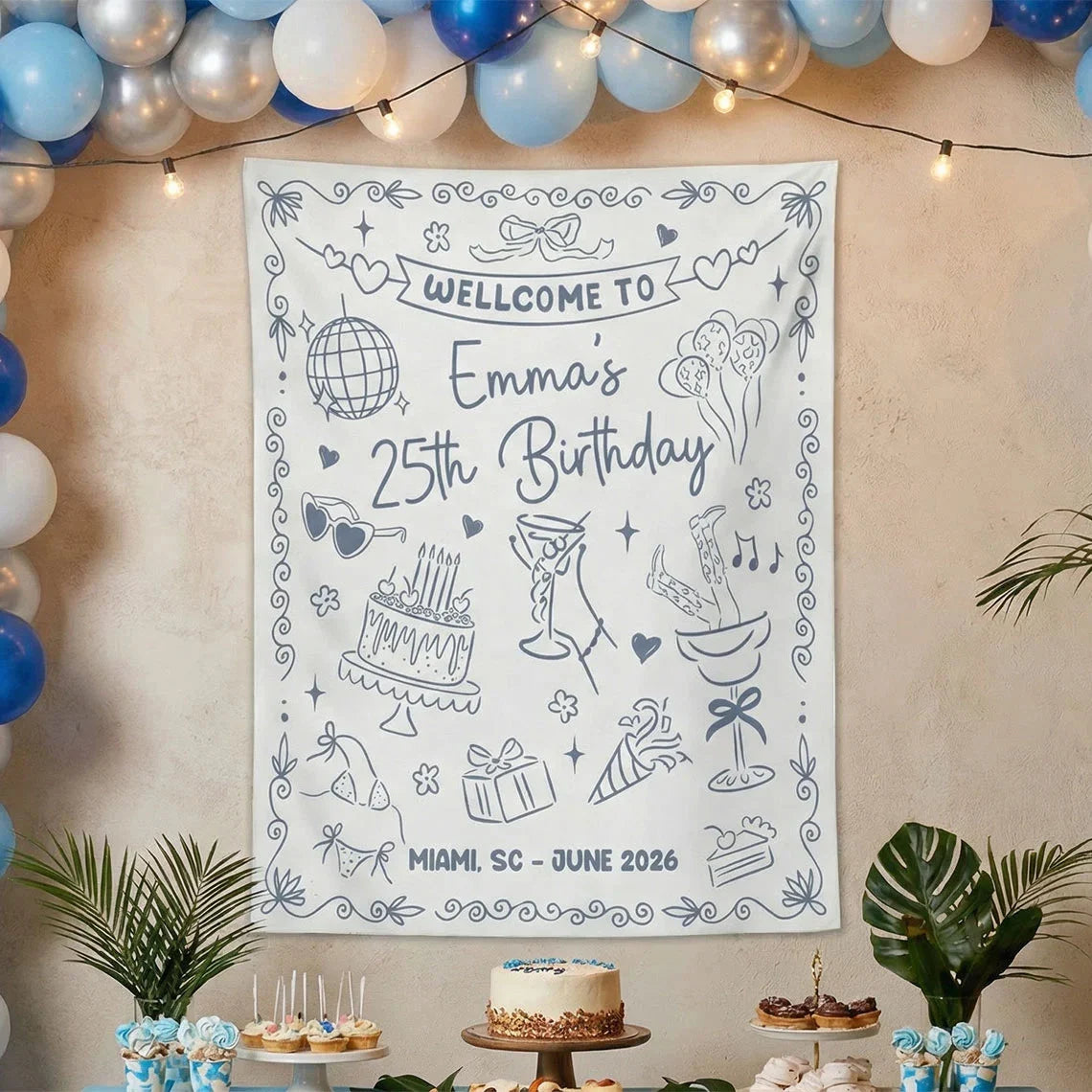 25th Birthday Banner Personalized Birthday Party Backdrop Custom Name Birthday Celebration Banner, personalized birthday b...