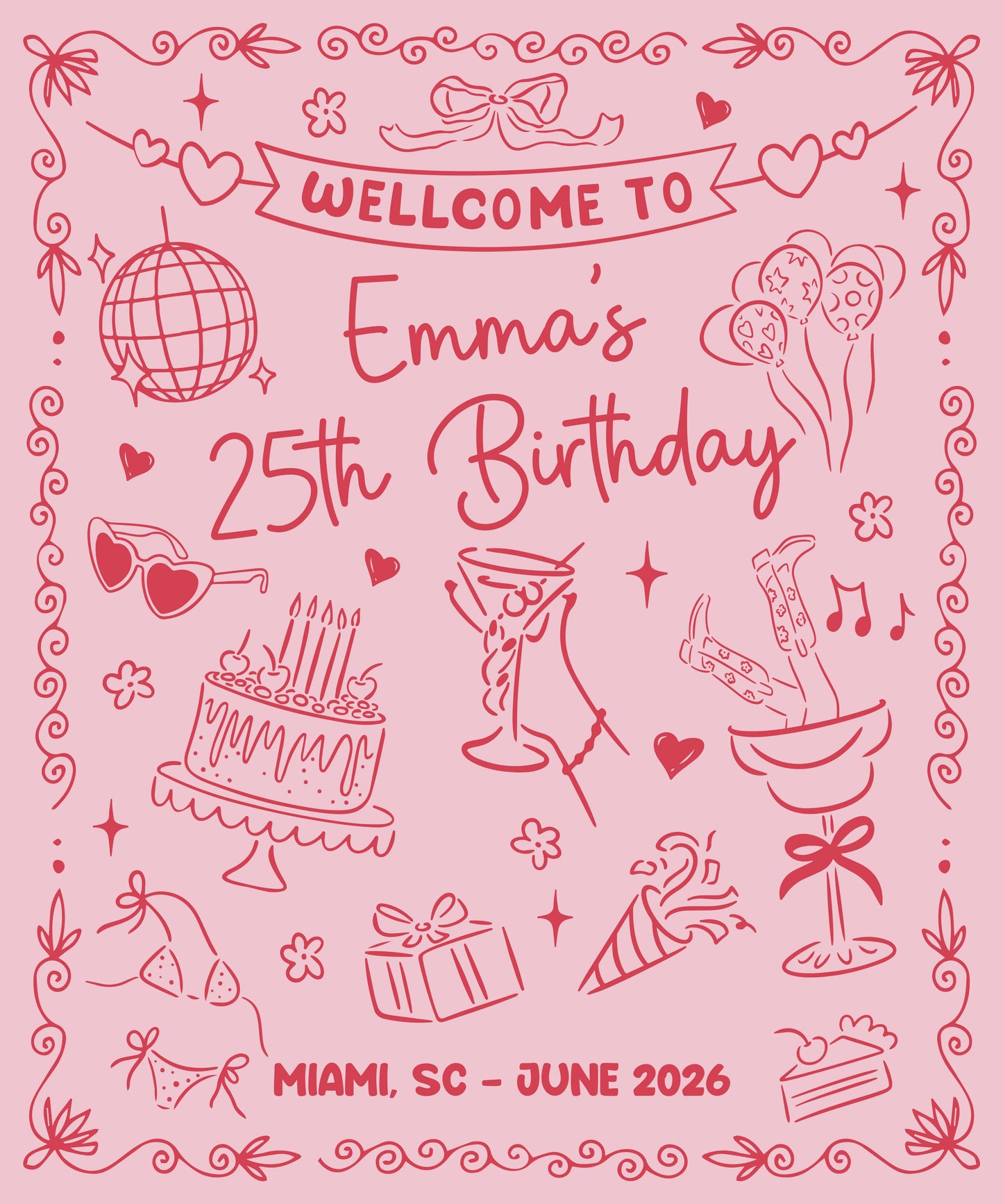 25th Birthday Banner Personalized Birthday Party Backdrop Custom Name Birthday Celebration Banner, personalized birthday b...
