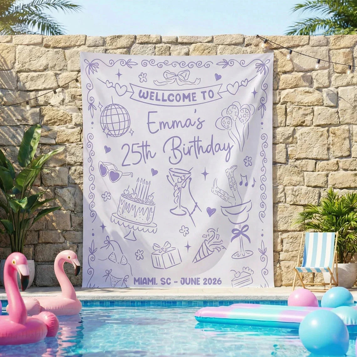 25th Birthday Banner Personalized Birthday Party Backdrop Custom Name Birthday Celebration Banner, personalized birthday b...