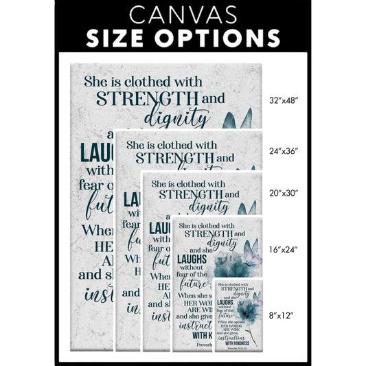 proverbs 31 25 26 she is clothed with strength and dignity wall art canvas (Landscape)