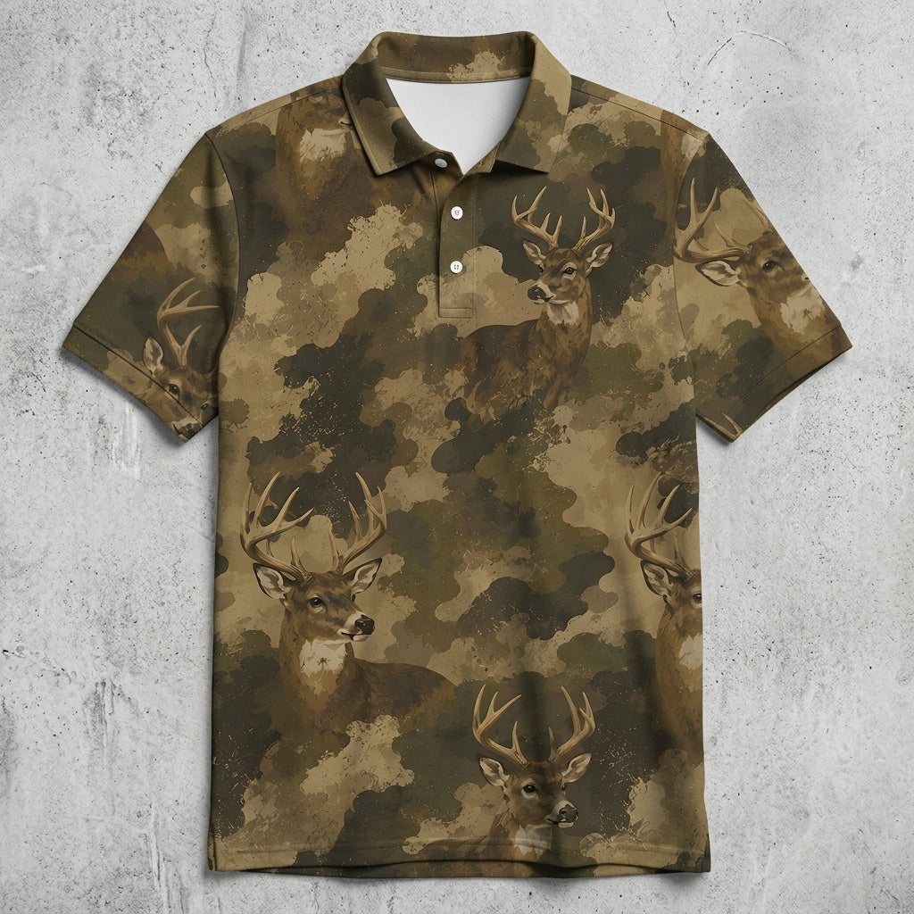 Deer Camouflage Graphic Pattern Men Polo Shirt