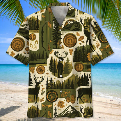 Retro Deer Hunting Badge Pattern Hawaiian Shirt
