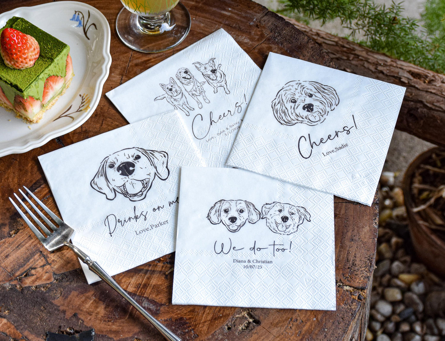 Custom Pet Wedding Cocktail Napkins, Personalized Pet Portrait for 1–3 Dogs or Cats, Colorful Wedding Party Supplies, Custom Photo