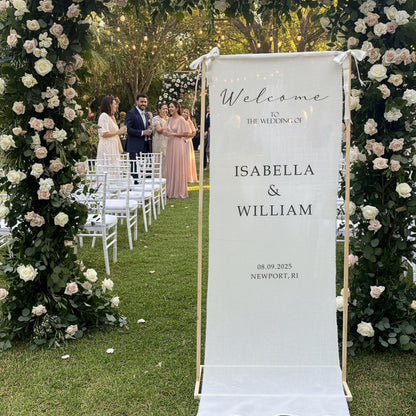 Custom Wedding Welcome Sign Fabric Banner, Boho Ceremony Decor