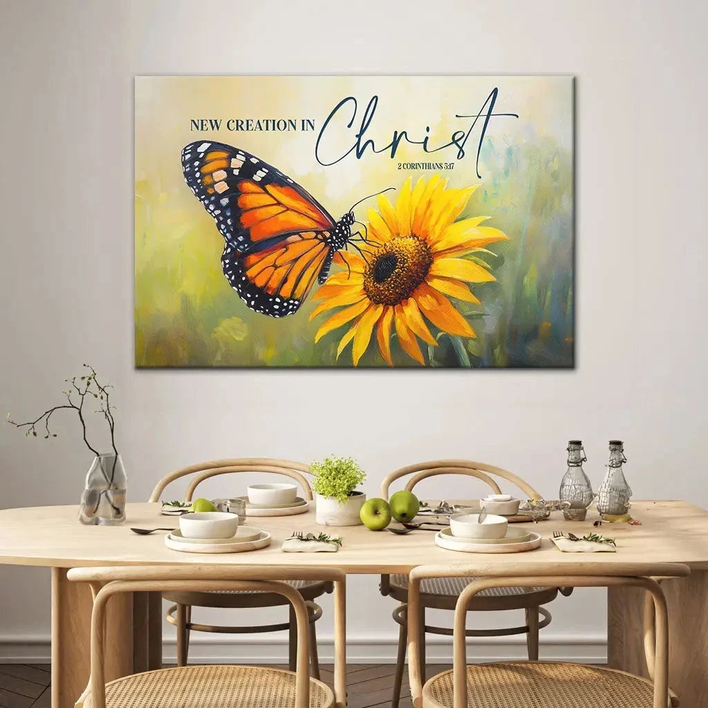 2 corinthians 5 17 new creation in christ butterfly sunflower christian wall art canvas (Landscape) (view 2)