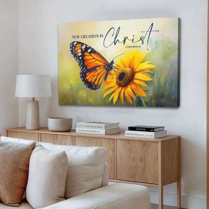 2 corinthians 5 17 new creation in christ butterfly sunflower christian wall art canvas (Landscape) (view 3)