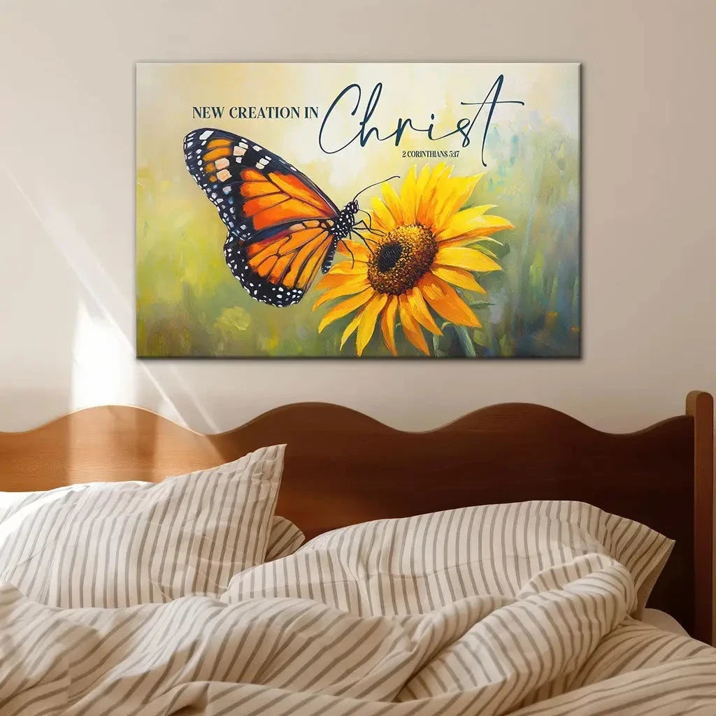 2 corinthians 5 17 new creation in christ butterfly sunflower christian wall art canvas (Landscape) (view 4)