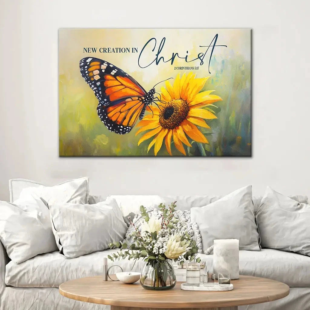 2 corinthians 5 17 new creation in christ butterfly sunflower christian wall art canvas (Landscape) (view 7)