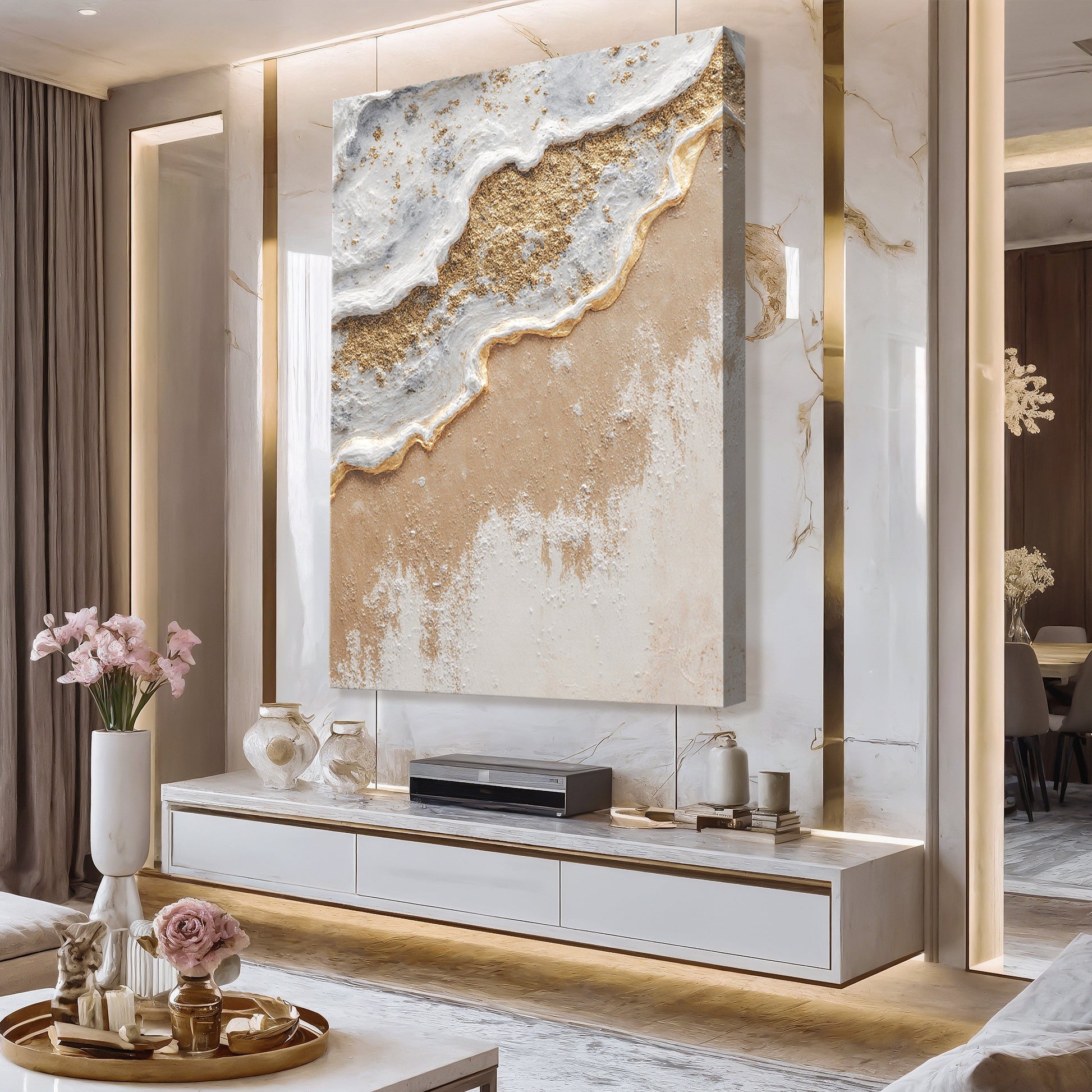 White Waves Golden Sand Abstract Wall Art