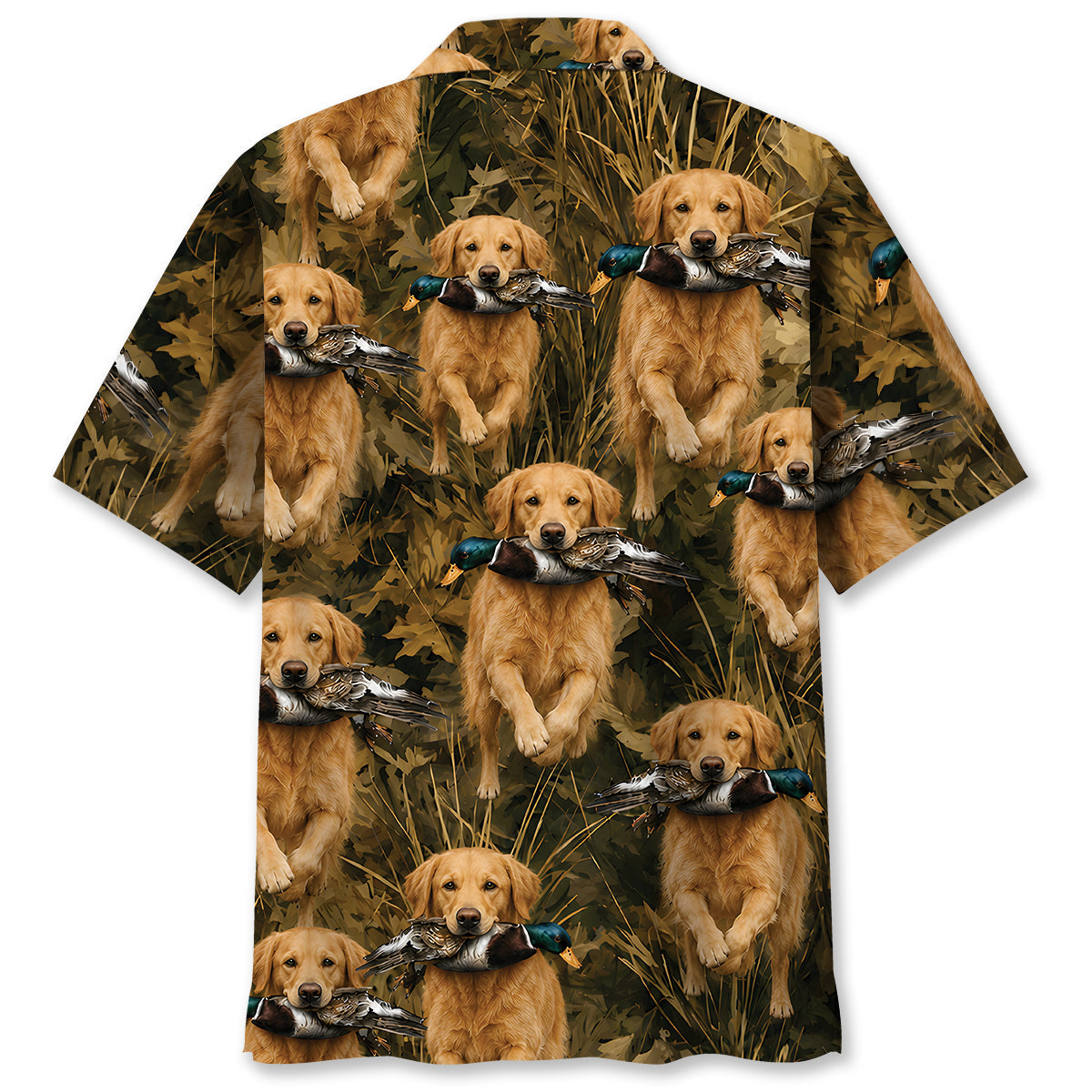 Camouflage Golden Retriever Running With Mallard Duck Hawaiian Shirt