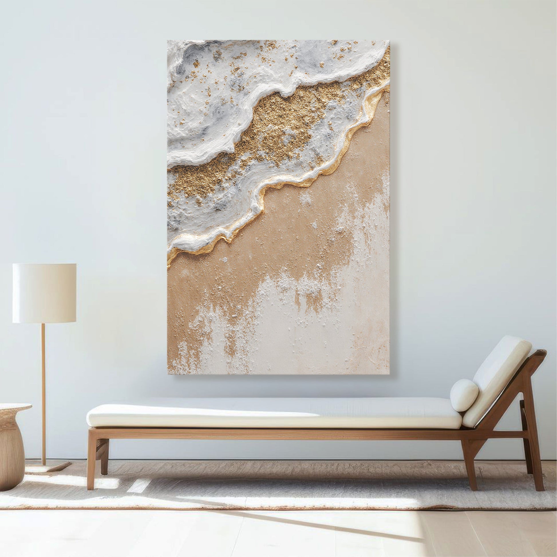 White Waves Golden Sand Abstract Wall Art