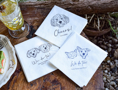 Custom Pet Wedding Cocktail Napkins, Personalized Pet Portrait for 1–3 Dogs or Cats, Colorful Wedding Party Supplies, Custom Photo