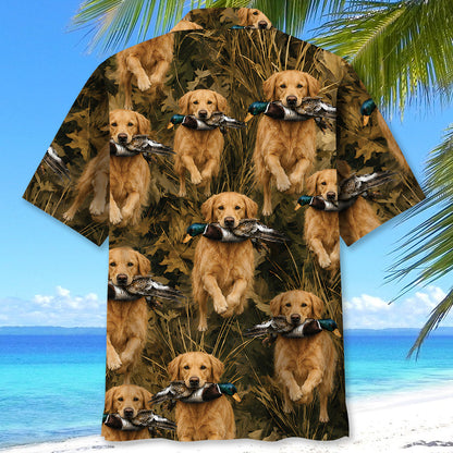 Camouflage Golden Retriever Running With Mallard Duck Hawaiian Shirt