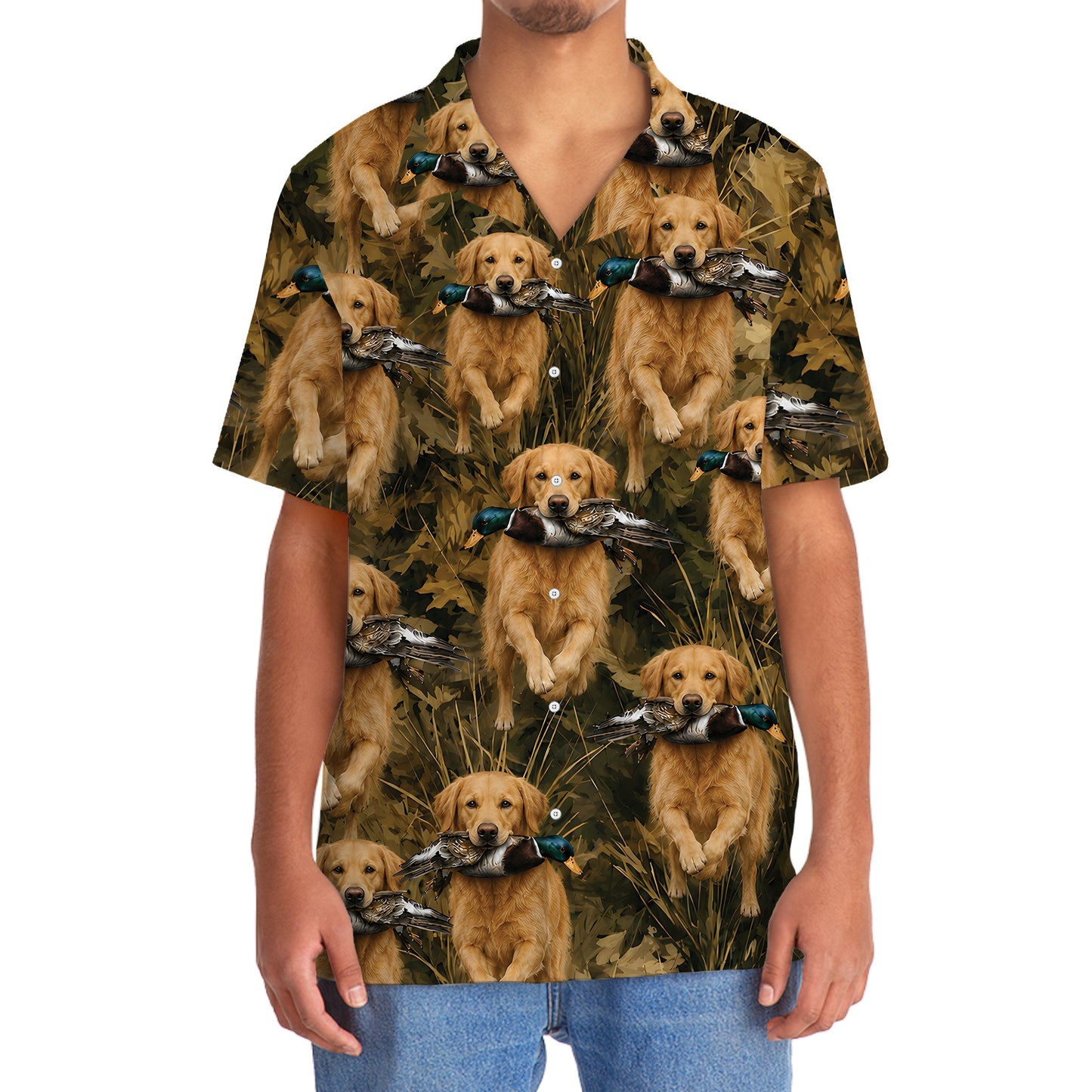 Camouflage Golden Retriever Running With Mallard Duck Hawaiian Shirt