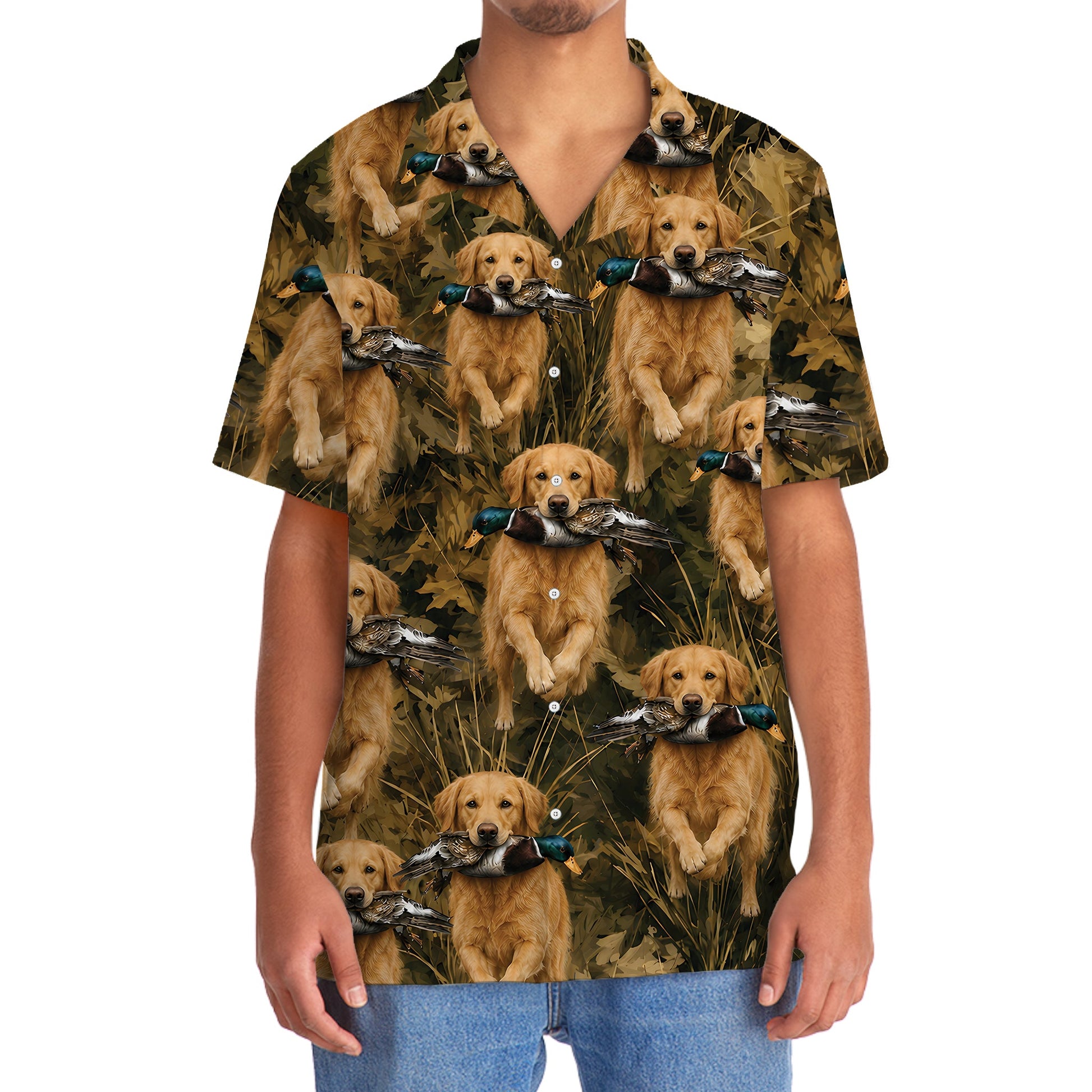 Camouflage Golden Retriever Running With Mallard Duck Hawaiian Shirt