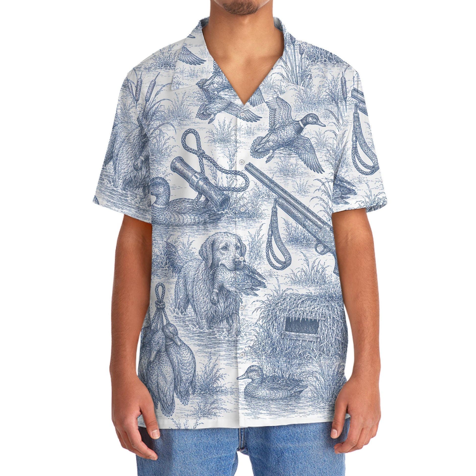 Blue and White Duck Hunting Hawaiian shirt