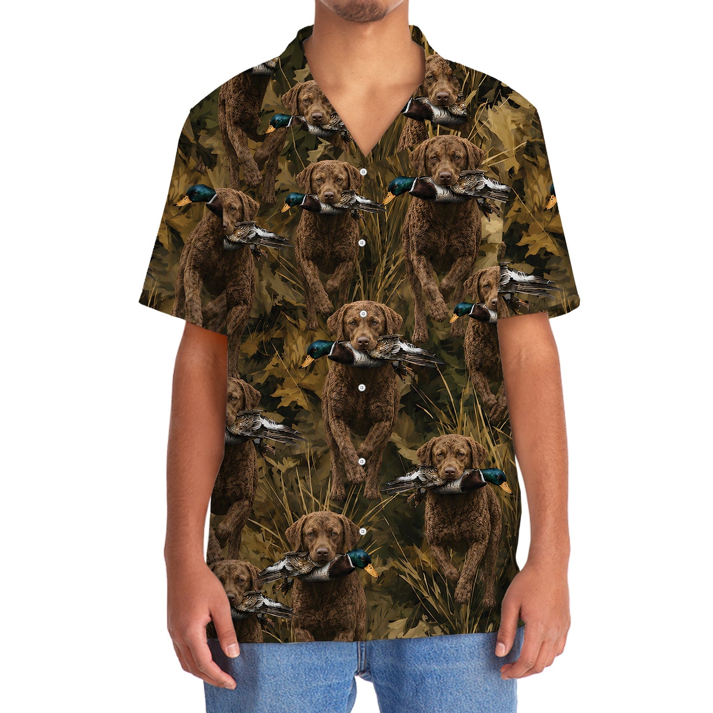 Camouflage Chesapeake Bay Retriever Running With Mallard Duck Hawaiian Shirt