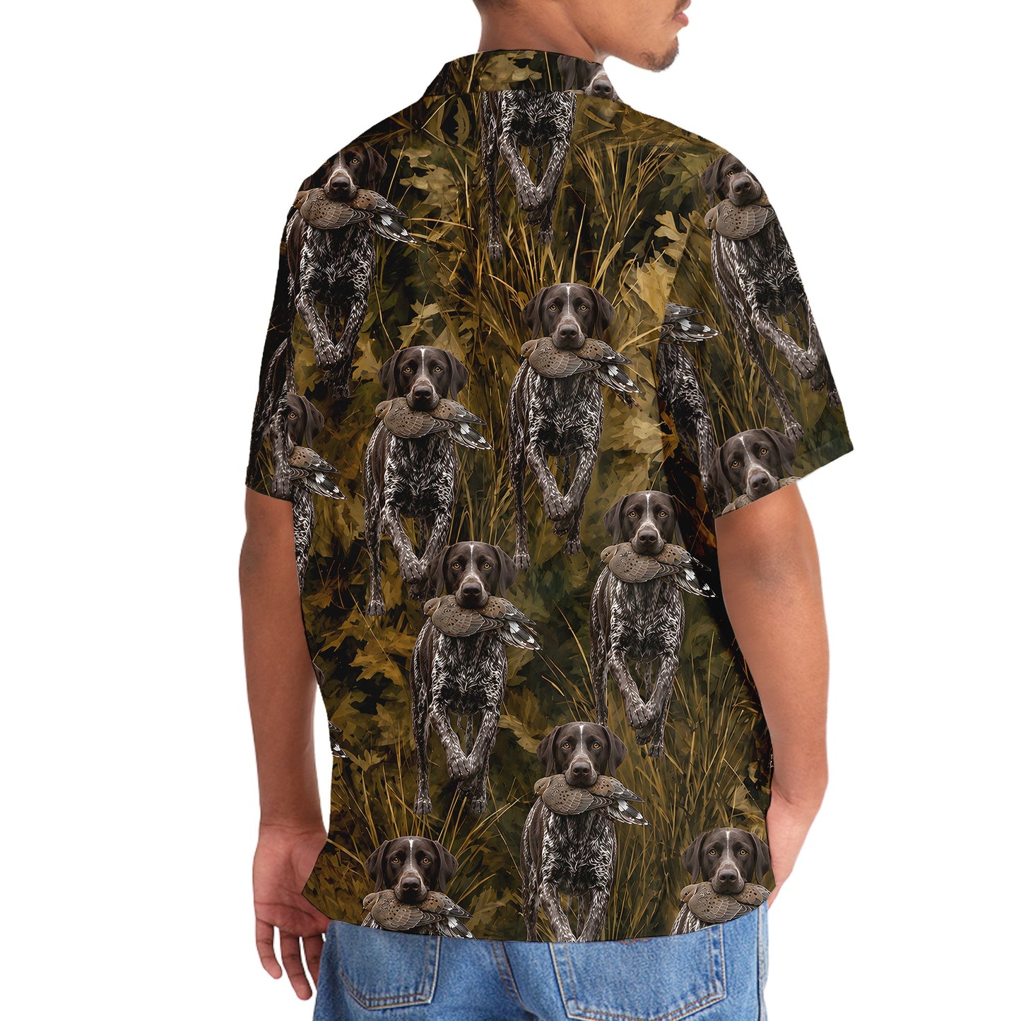 Camouflage German Shorthaired Pointer Running With Mourning Dove Hawaiian Shirt
