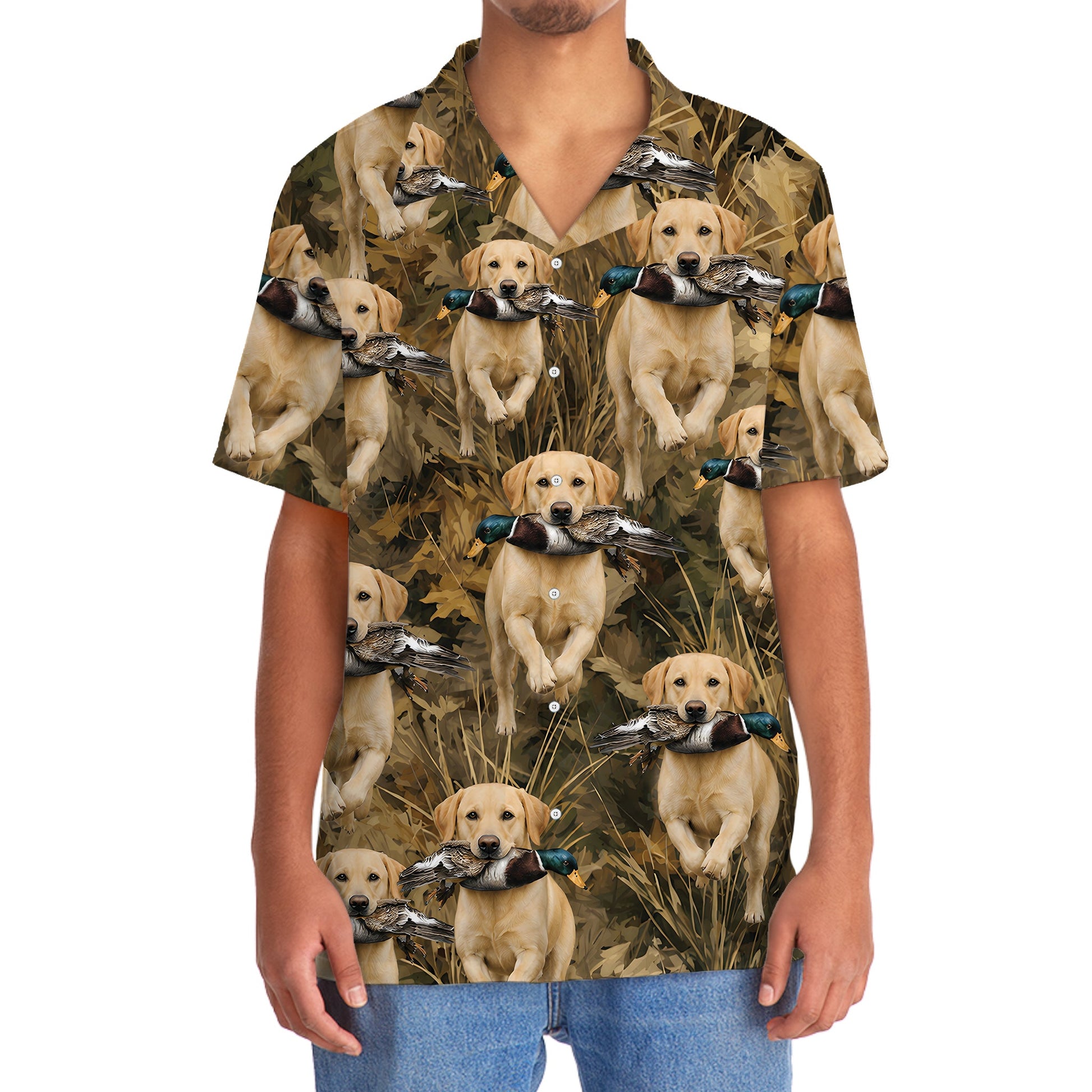 Camouflage Yellow Labrador Retriever Running With Mallard Duck Hawaiian Shirt