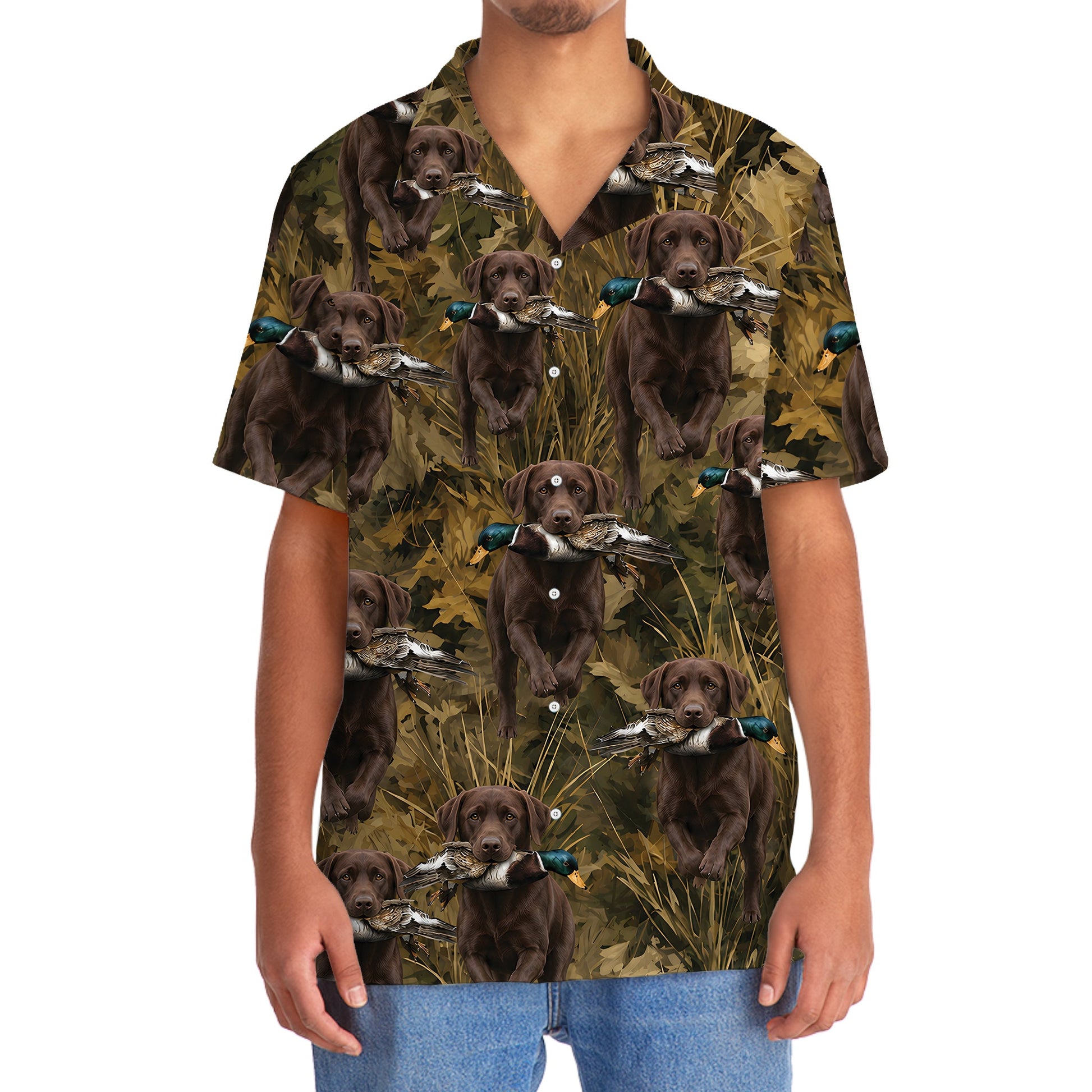Camouflage Chocolate Labrador Retriever Running With Mallard Duck Hawaiian Shirt