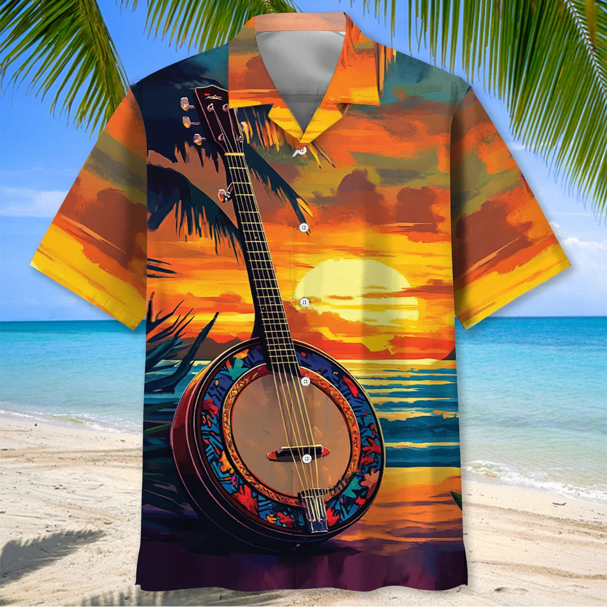 5 String Banjo on the Beach Hawaiian Shirt - M - hawaiian shirt