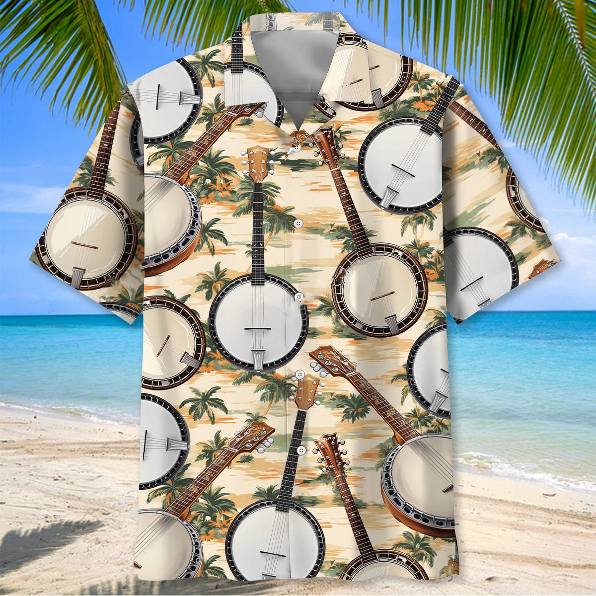 5 String Banjo Tropical Beach Hawaiian Shirt - M - hawaiian shirt