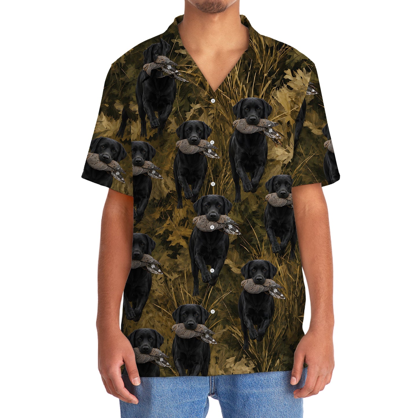 Camouflage Black Labrador Retriever Running With Mourning Dove Hawaiian Shirt