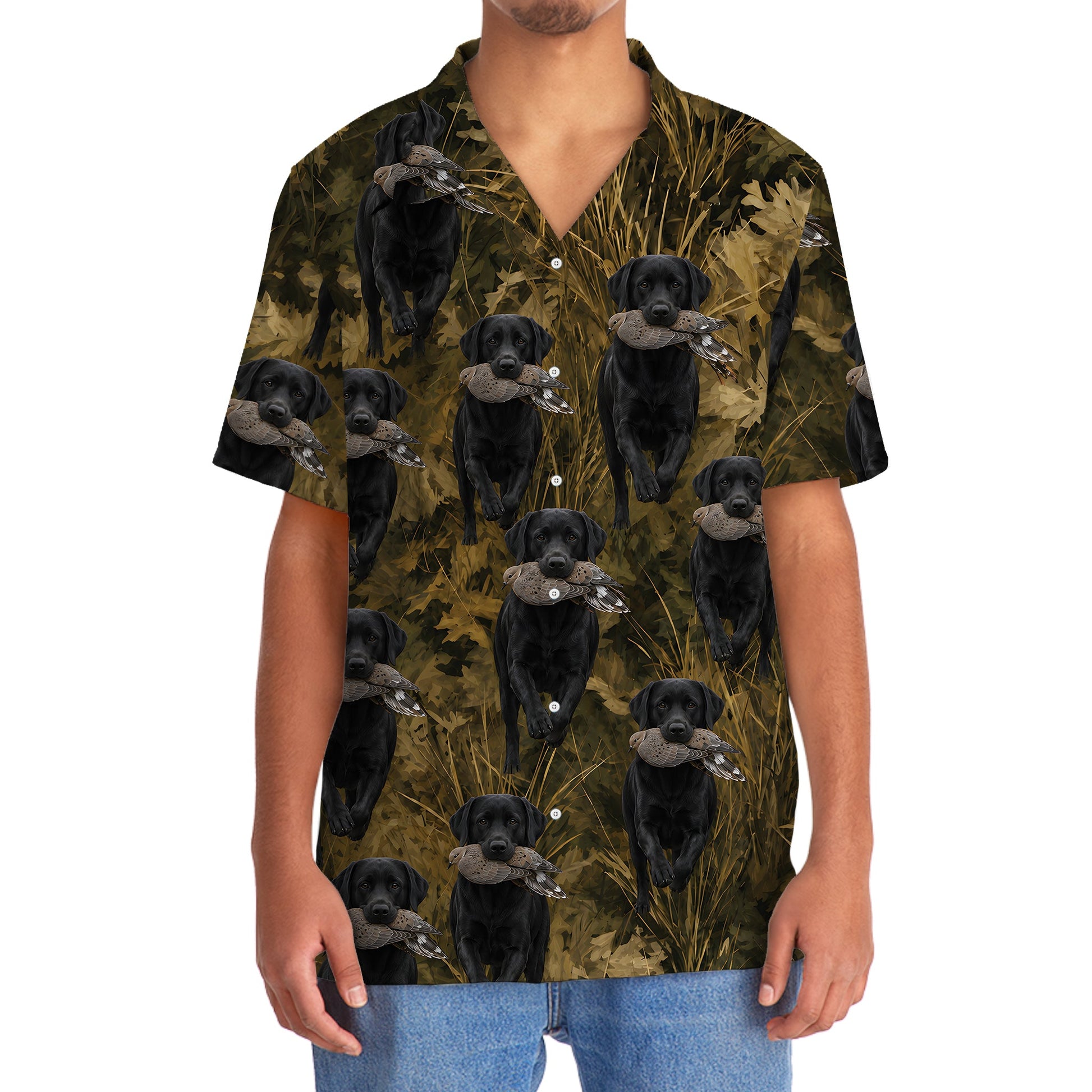 Camouflage Black Labrador Retriever Running With Mourning Dove Hawaiian Shirt